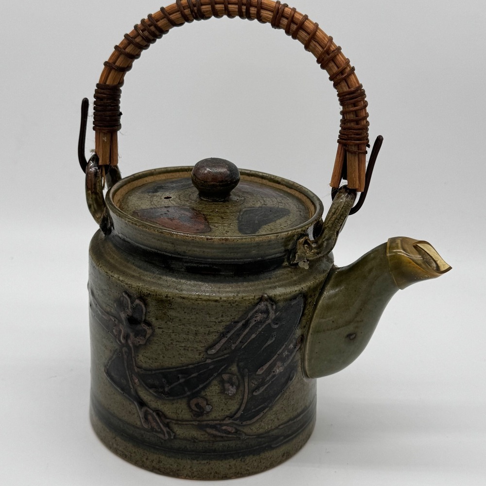 Vintage Japanese Studio Pottery Teapot 3 Cup Set Wabi Sabi Reed Cane Handle - Picture 3 of 12